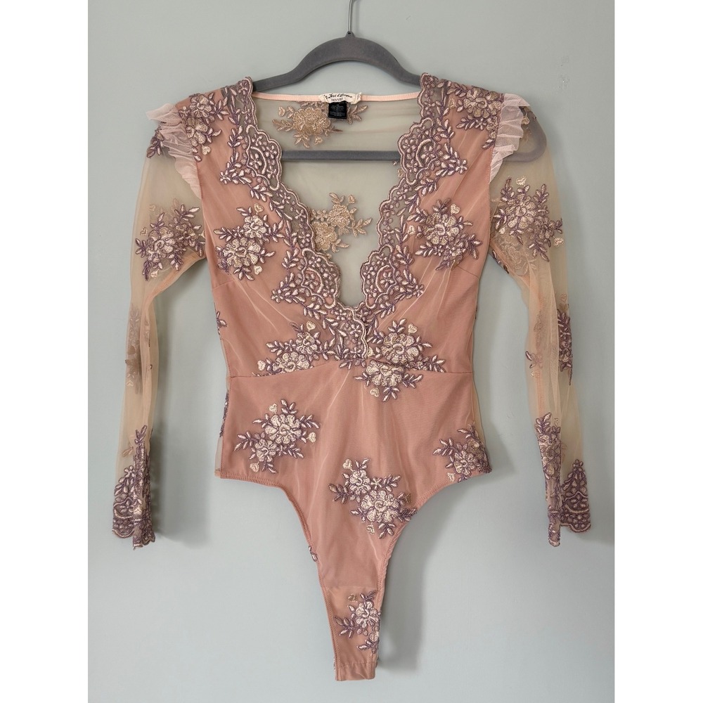 For Love‎ and Lemons Amber Scallop Edge Lace Mesh Long Sleeve Thong Bodysuit XS
